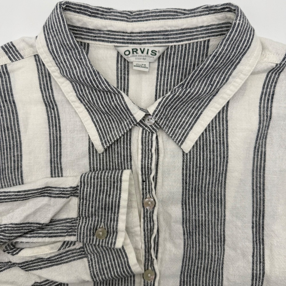 Orvis Button Down Shirt Women XL Cream Navy Blue Striped Linen Rayon Blend